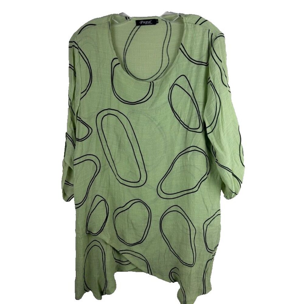 Top Women Large Green Linen Blend Lightweight Asymmetrical Hem Lagenlook Whimsy
